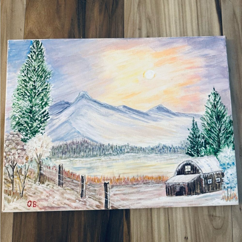 Mountain Country Winter Sunrise Mounted Canvas Painting